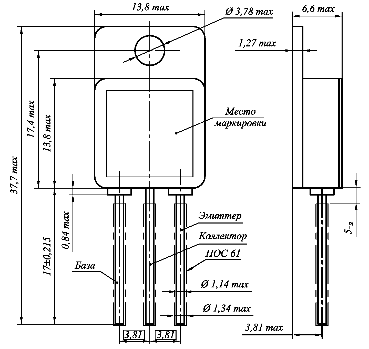 Габаритный чертеж транзисторов 2Т827 в корпусах типа КТ-97
